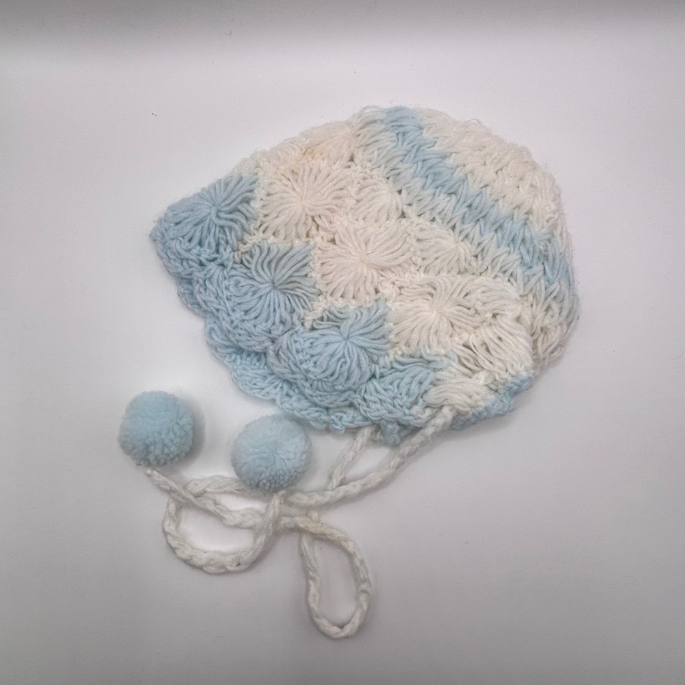 Vintage Blu-Knit Baby Bonnet Crochet Starburst Blue White Pom Pom Handmade Korea